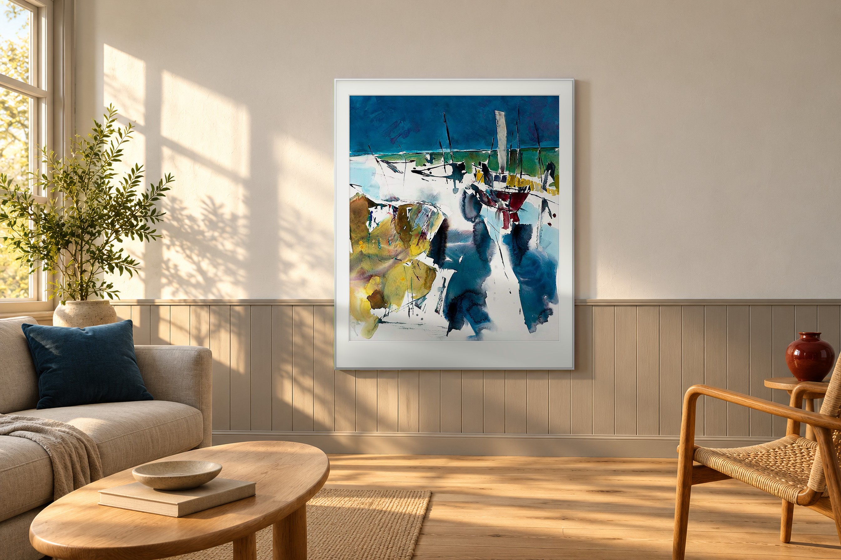Impressie: # 4053 van Johan Meeske in een Scandinavische woonkamer met grijze lambrisering, licht eiken en gouden middaglicht.
