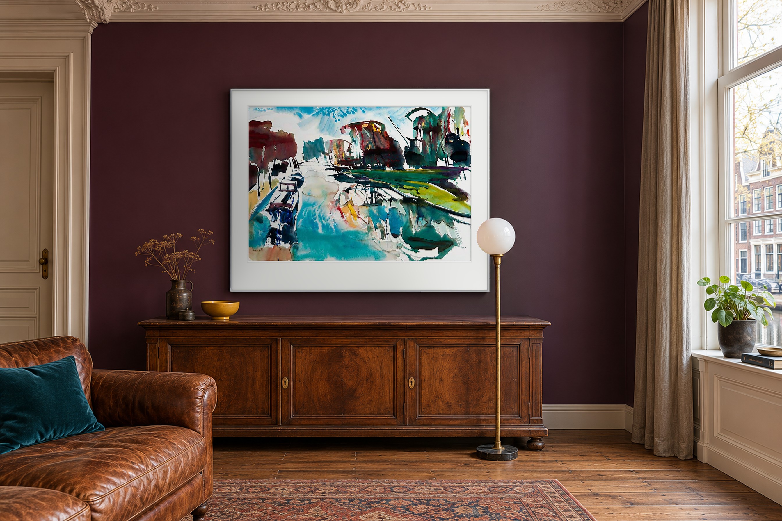 Impressie: # 4057 van Johan Meeske in een Amsterdams grachteninterieur met aubergine muren, antiek notenhout en warm leer.