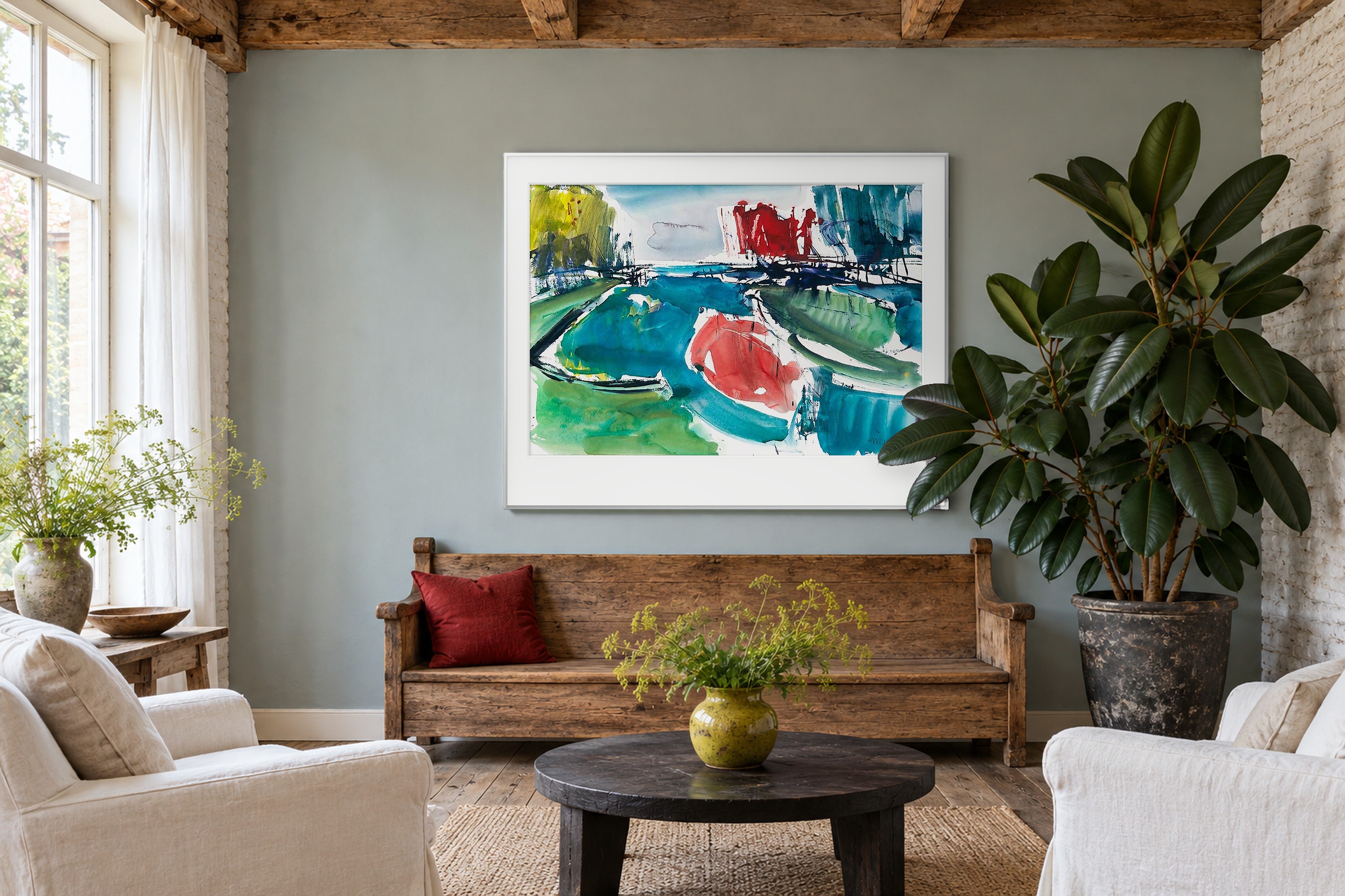 Impressie: # 7278 van Johan Meeske in een Groningse boerderijkamer met mistblauwe wand, verweerd eiken en helder daglicht.