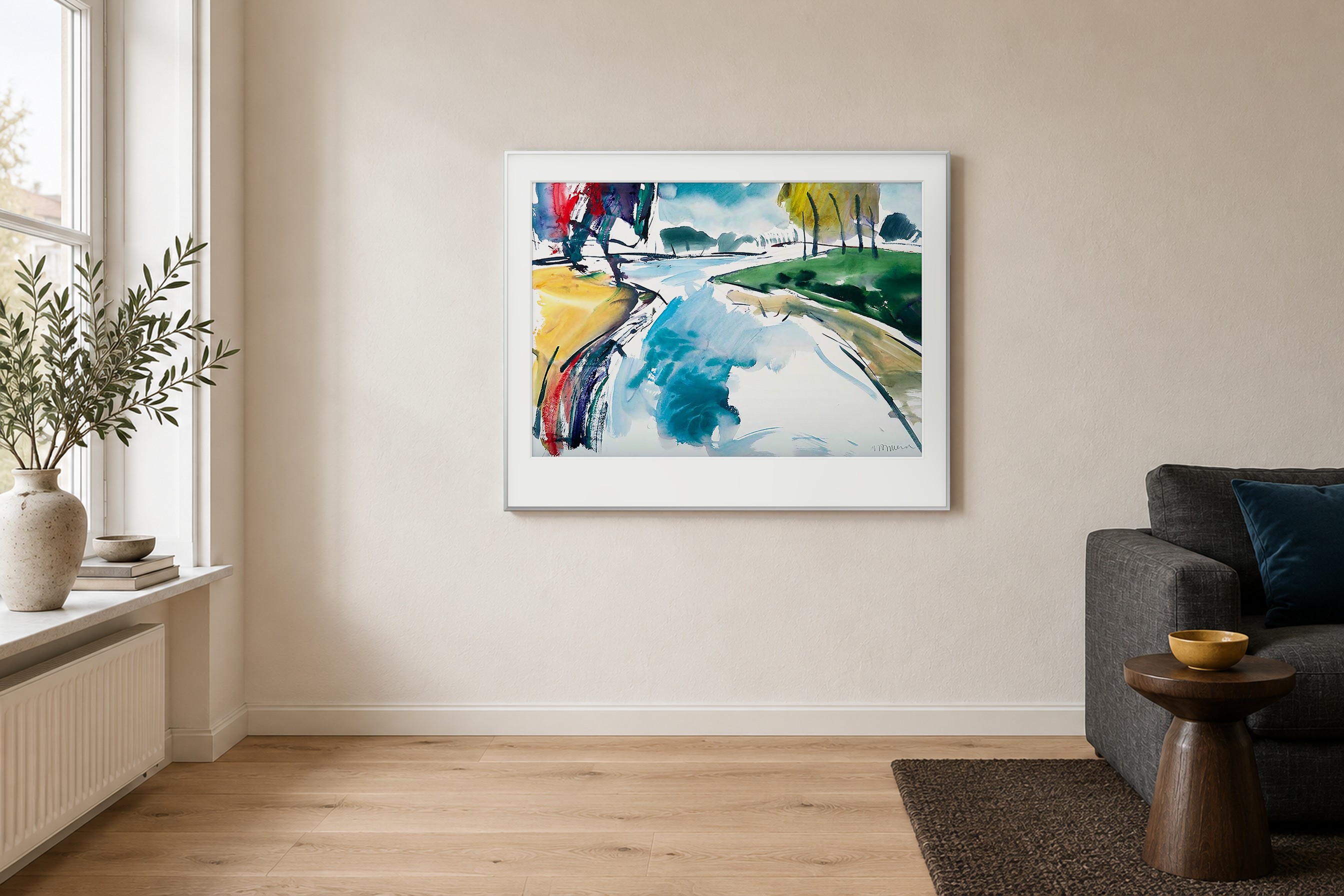 Impressie: # 7288 van Johan Meeske in een Scandinavische woonkamer met donkere zitmeubels, bleek eiken en zacht daglicht.