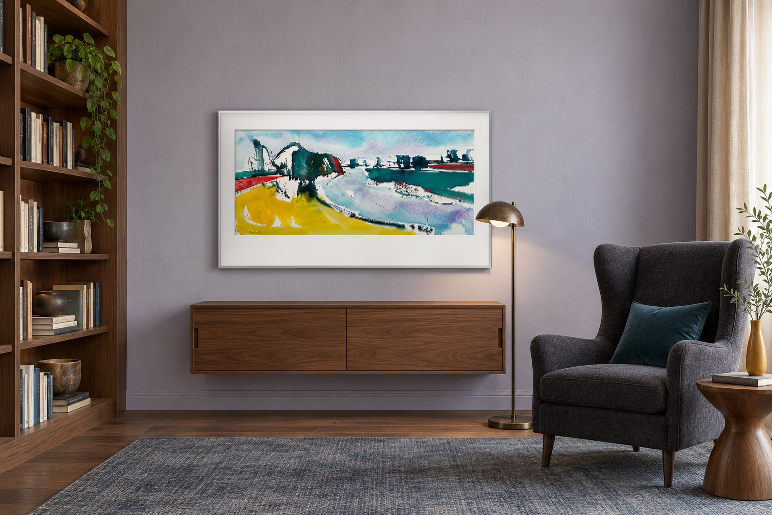 Impressie: # 7289 van Johan Meeske in een intieme leeshoek met lavendelgrijze wand, walnoot en een diepe wollen fauteuil.