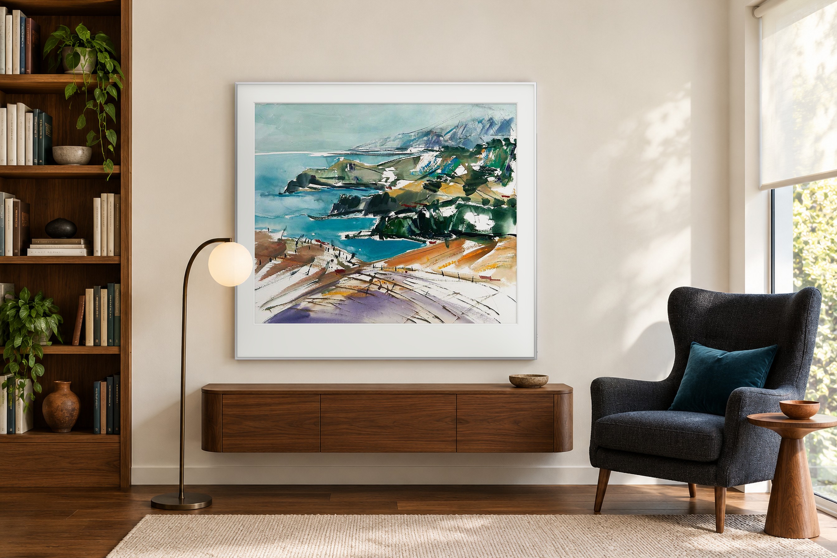 Impressie: # 3636 van Johan Meeske in een lichte leeshoek met donker walnoot, royale fauteuil en subtiele kleuraccenten.