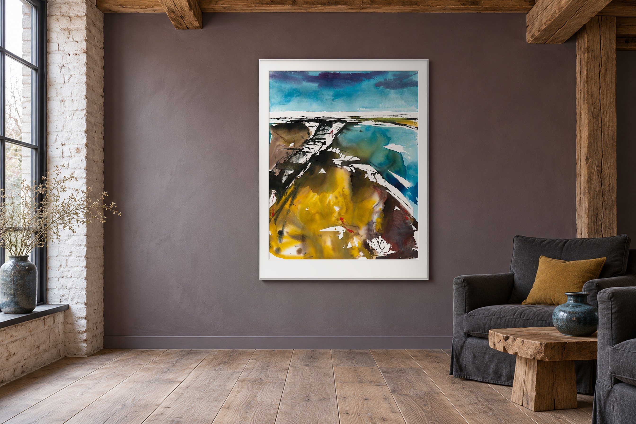 Impressie: # 2088 van Johan Meeske in een Groninger boerenkamer met pruimgrijze wand, oude eikenbalken en houtvloer.