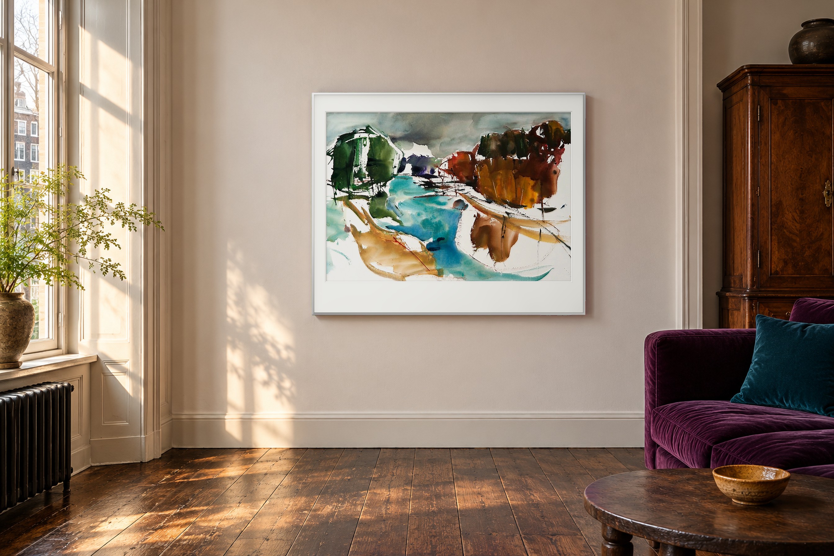Impressie: # 5609 van Johan Meeske in een Amsterdamse stijlkamer met donkere eiken planken en aubergine fluweel.