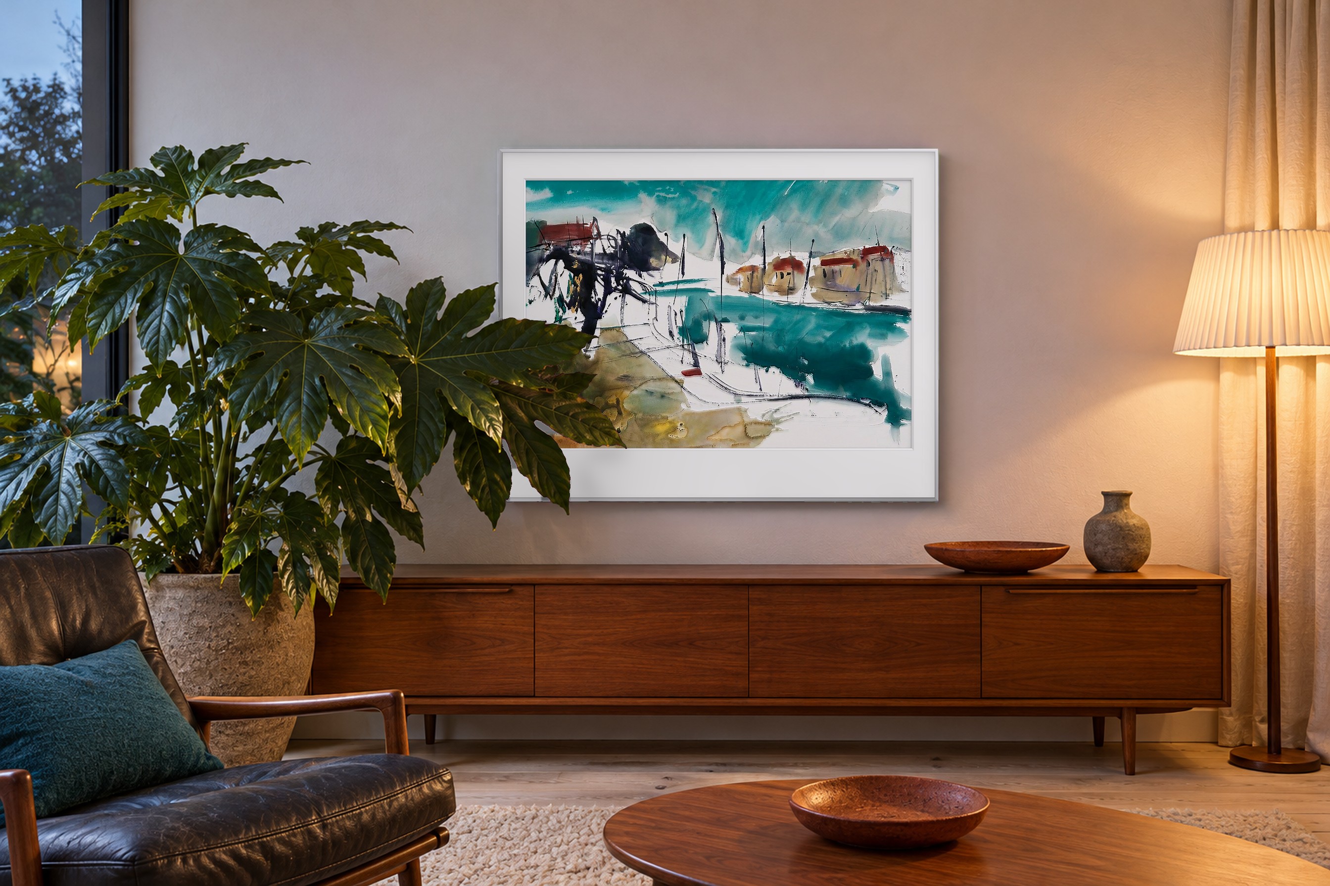 Impressie: De Aude, Frankrijk van Johan Meeske in een eigenzinnige mid-century woonkamer met donker teakhout en warm avondlicht.