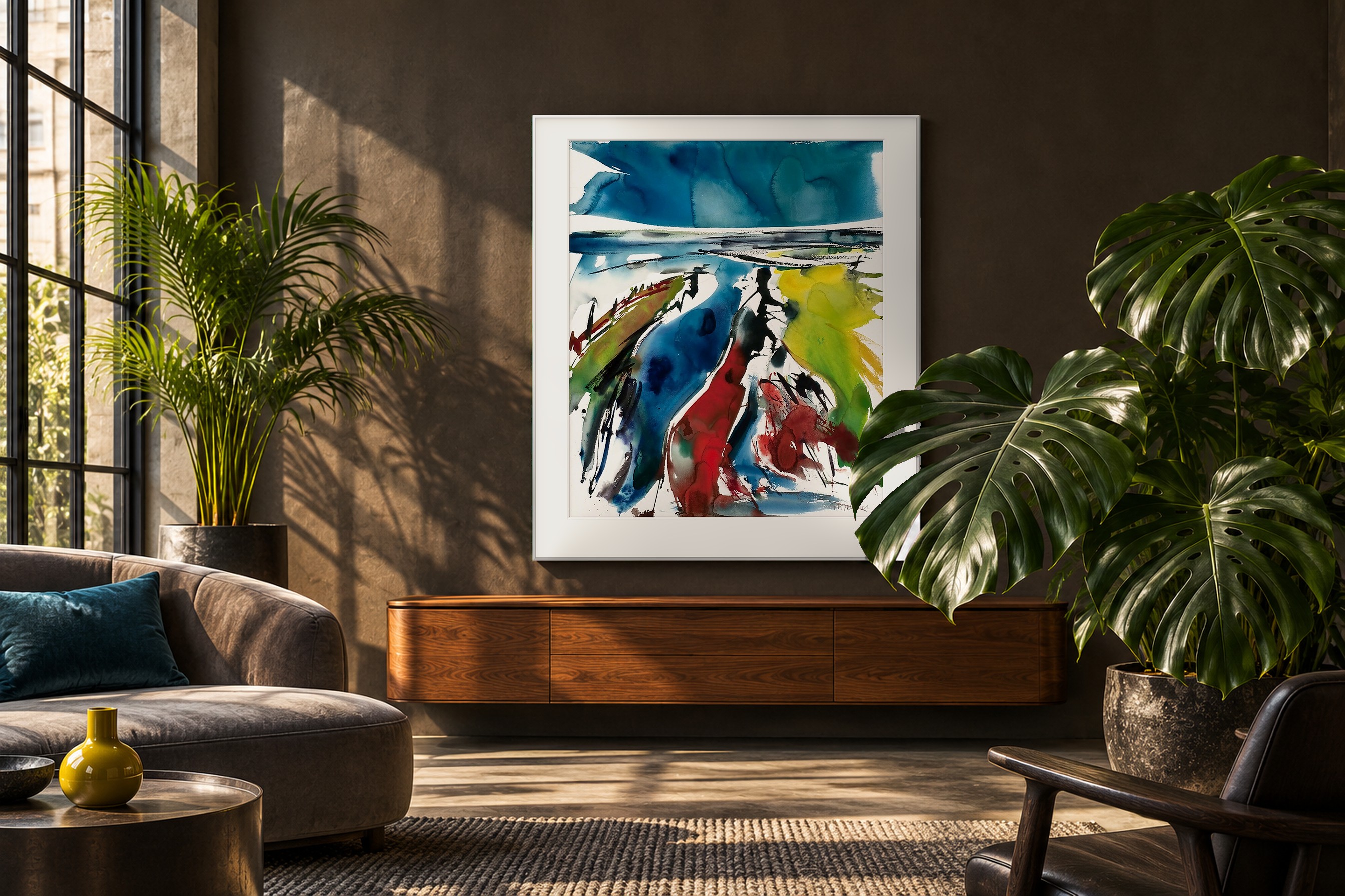 Impressie: Made in Holwerd van Johan Meeske in een intieme loft met houtskoolgrijze wand, walnoot en fluwelen zitbank.