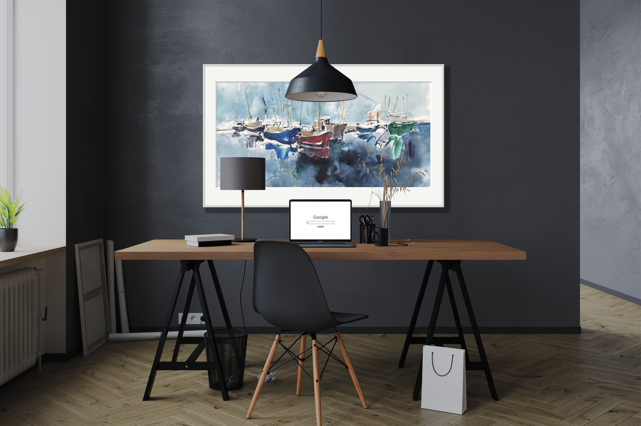 Impressie: # 2564 van Johan Meeske boven een bureau tegen een antracietgrijze wand.