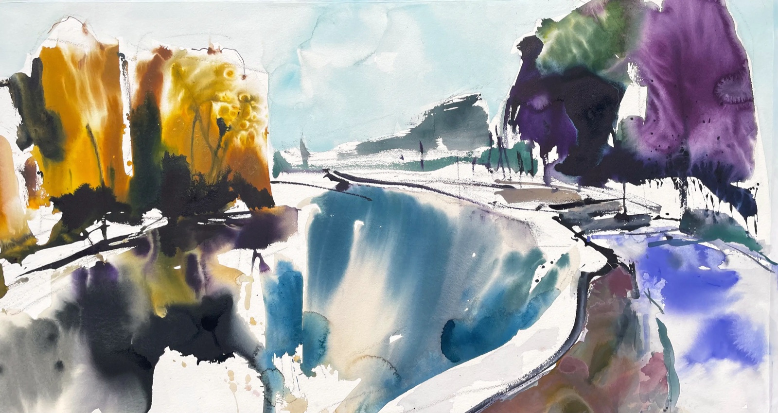 Aquarel van Johan Meeske: oker en paarse bomen boven een bocht in het water.