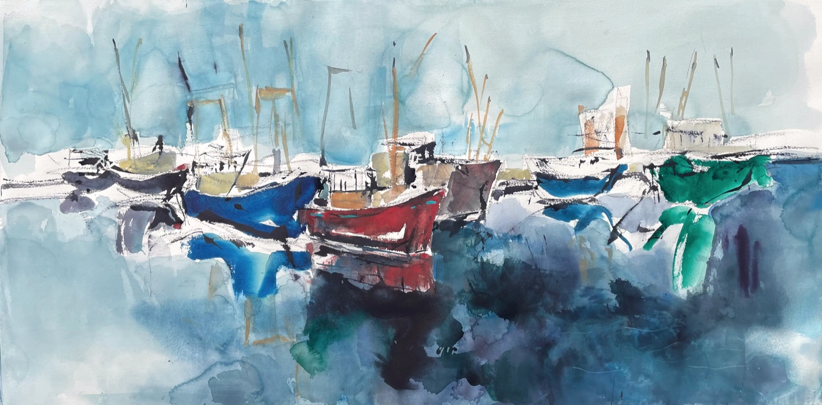Aquarel van Johan Meeske: een rode en een groene kotter boven een diepblauwe spiegeling.