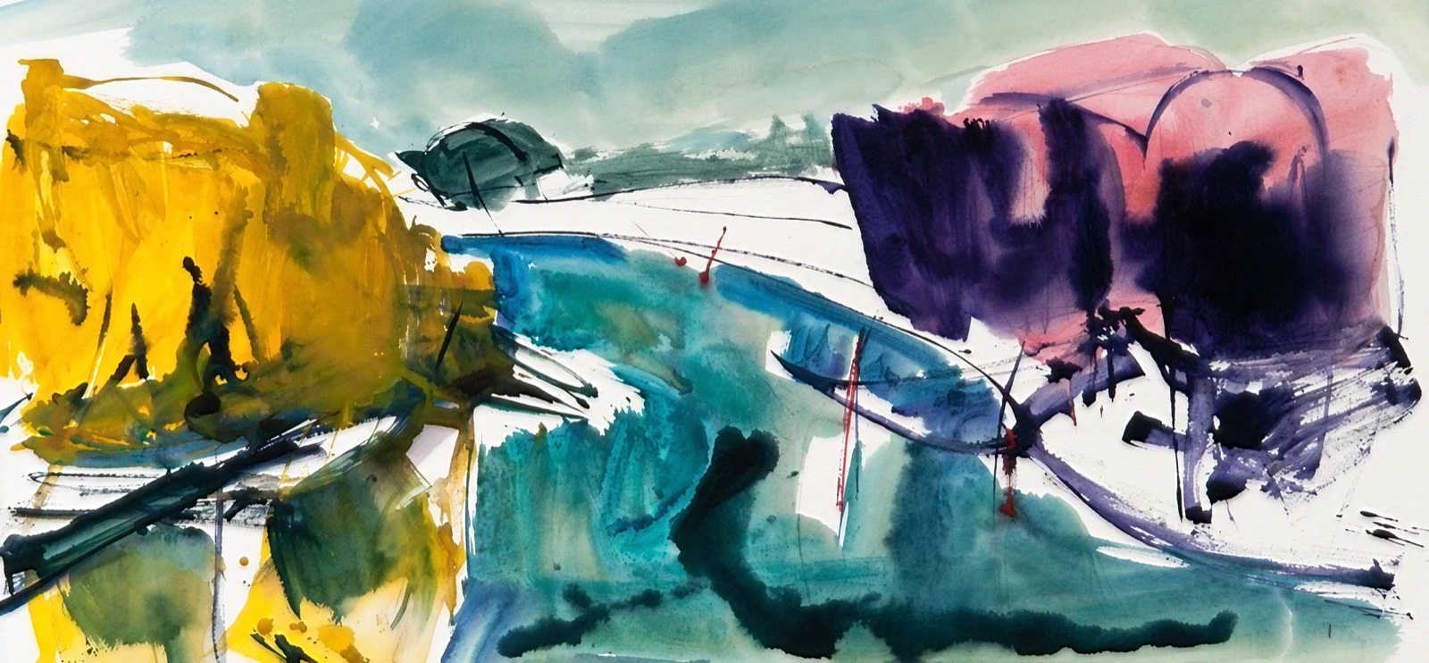 Aquarel van Johan Meeske in roze en blauwe tinten.