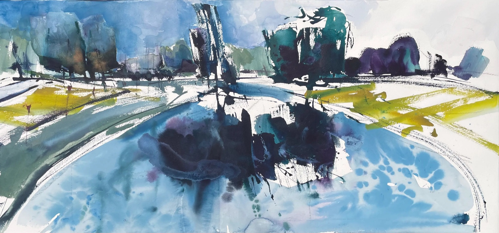 Aquarel van Johan Meeske: een bocht blauw water tussen groene oevers en donkere bomen.