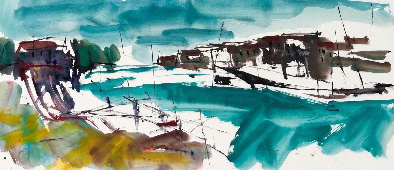 Aquarel van Johan Meeske: dorp aan de Aude met turquoise water.