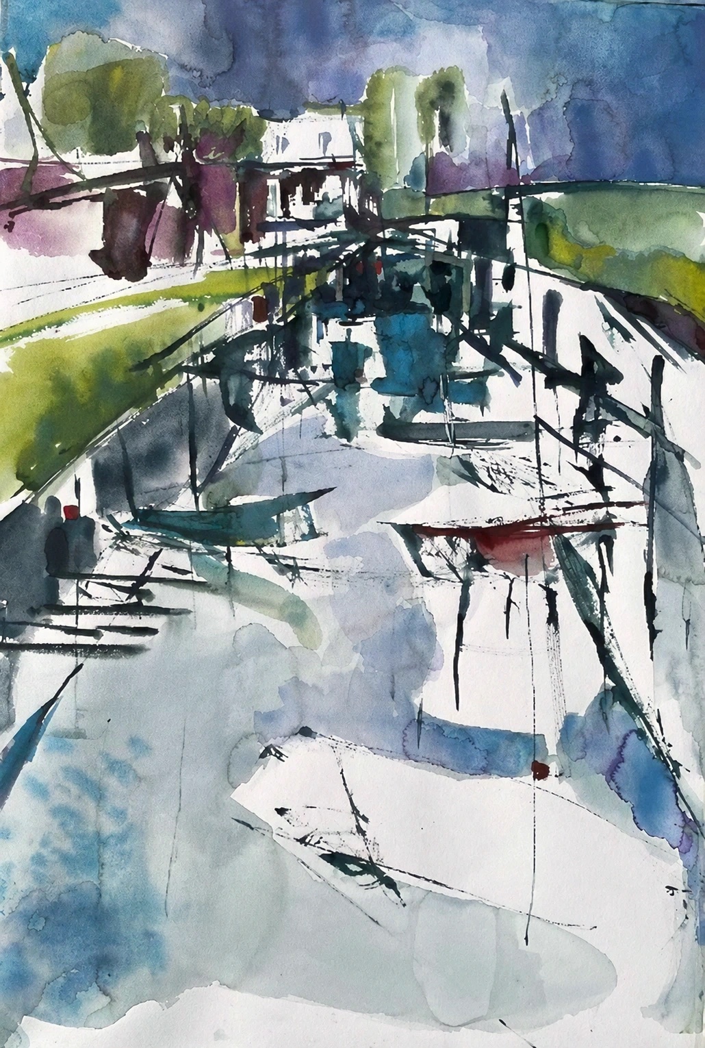 Aquarel van Johan Meeske: haven in verticaal formaat met blauwe spiegelingen.