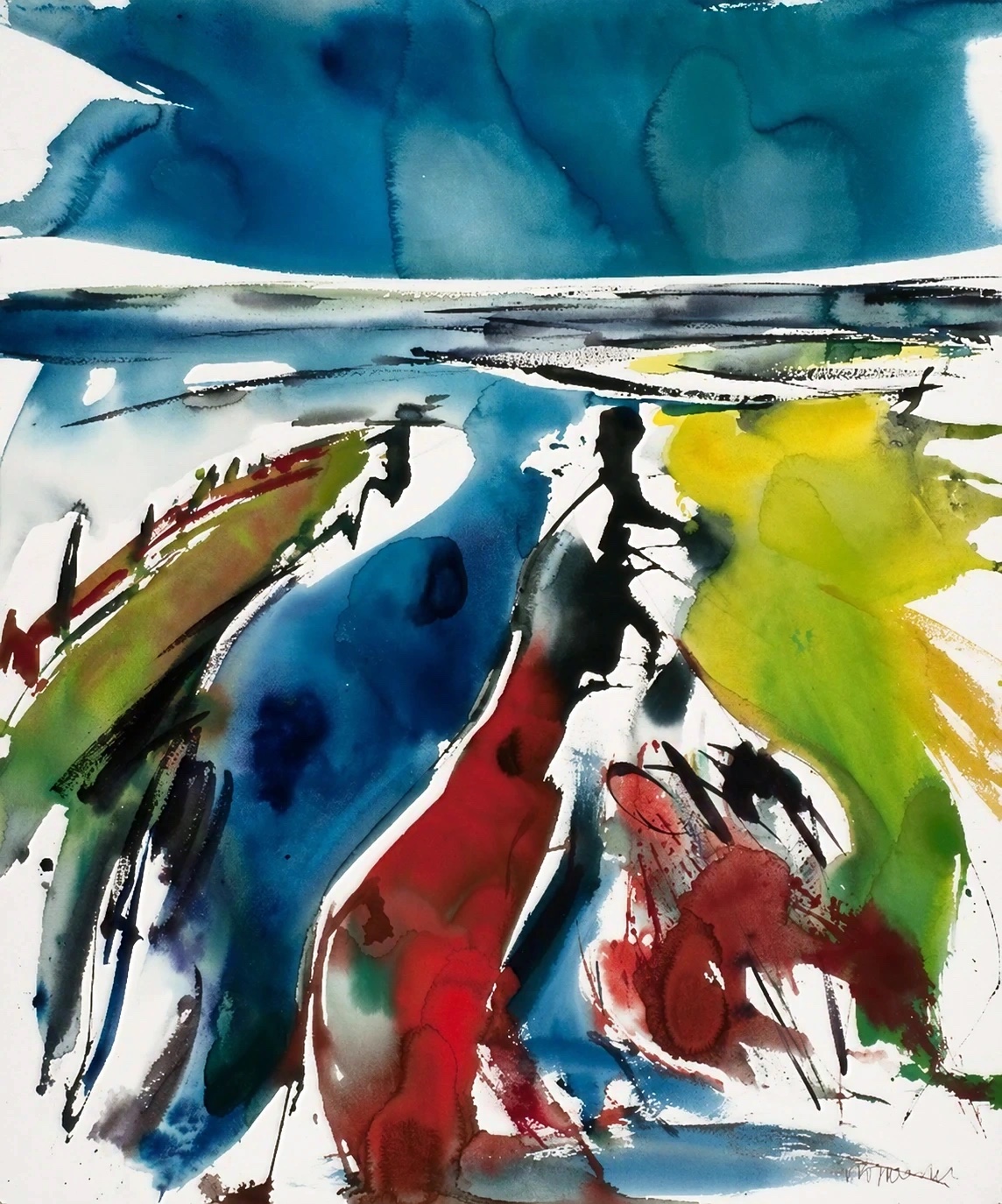 Aquarel van Johan Meeske: het wad bij Holwerd.