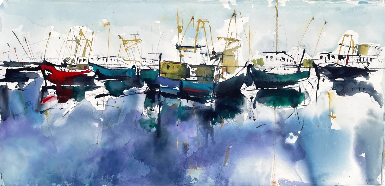 Aquarel van Johan Meeske: rode en groene scheepsrompen en masten, gespiegeld in het water.
