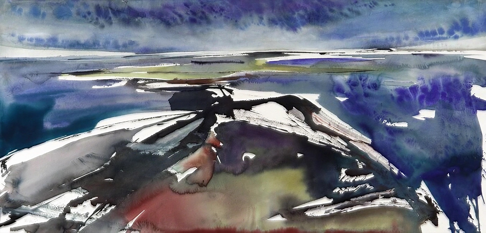 Aquarel van Johan Meeske: het wad bij laag water.
