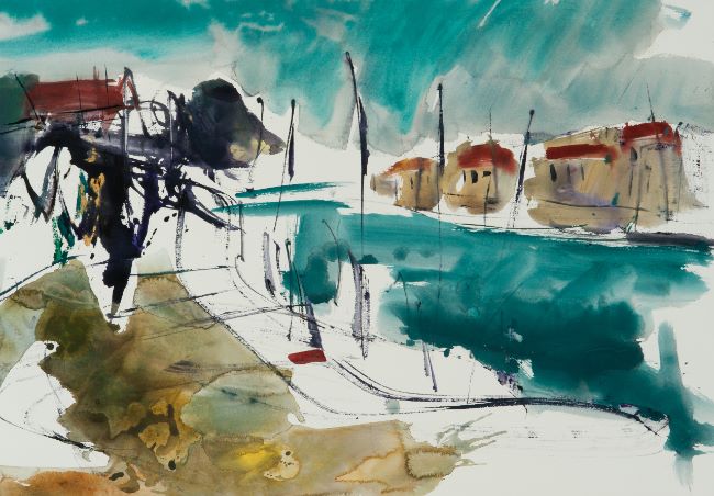 Aquarel van Johan Meeske: haven aan de Aude in Zuid-Frankrijk met turquoise water en rode daken.