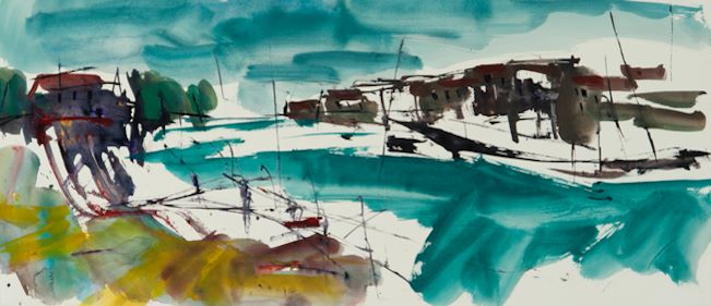Aquarel van Johan Meeske: dorp aan de Aude met turquoise water.