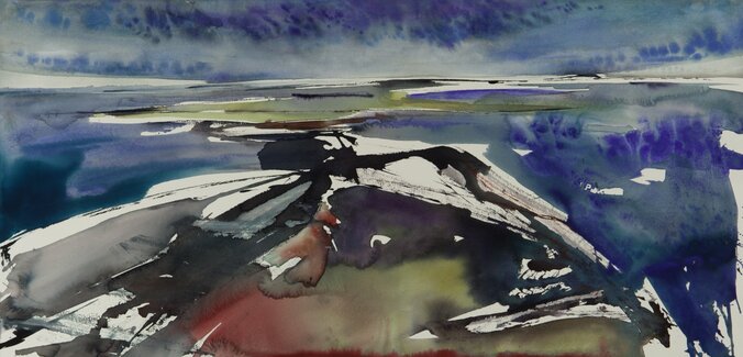Aquarel van Johan Meeske: het wad bij laag water.