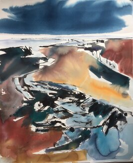 Aquarel van Johan Meeske: waddenlandschap bij Holwerd.