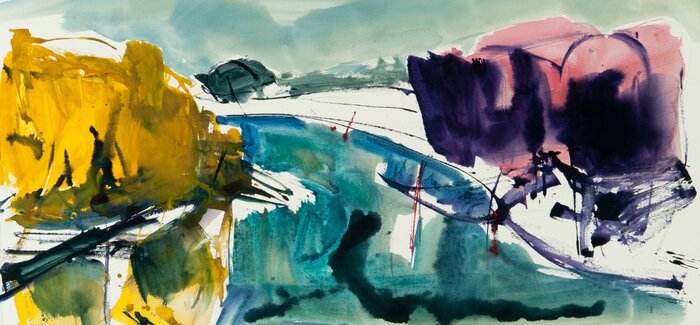Aquarel van Johan Meeske in roze en blauwe tinten.