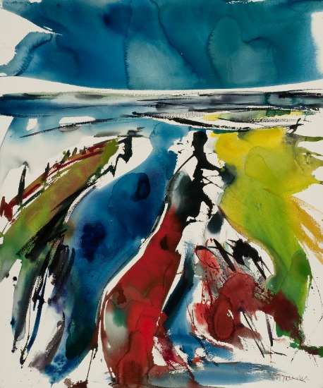 Aquarel van Johan Meeske: het wad bij Holwerd.