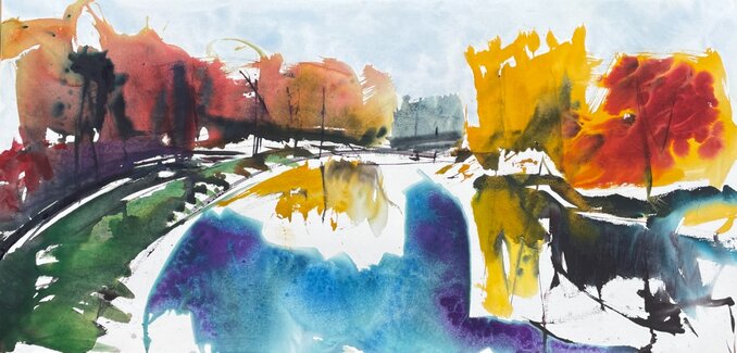 Aquarel van Johan Meeske: landschap aan de Vecht.
