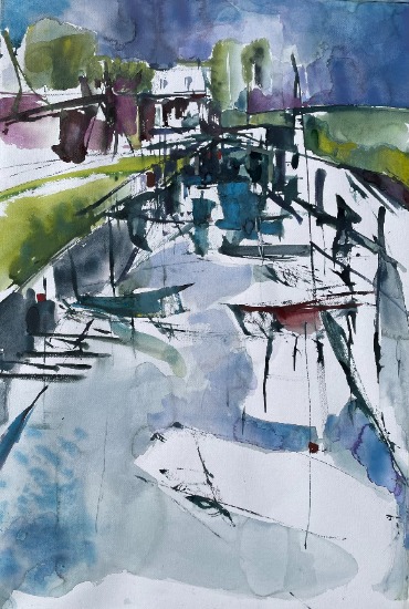Aquarel van Johan Meeske: haven in verticaal formaat met blauwe spiegelingen.